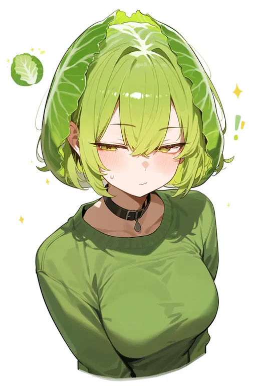 masterpiece, best quality, score_7, safe, cabbage, 1girl, solo, upper body, simple background — by k3scat, made with ComfyUI