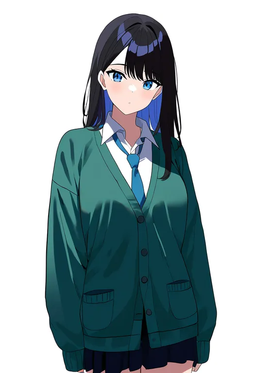 masterpiece, best quality, newest, absurdres, highres, safe, green_cardigan, 1girl, solo, simple_background — by k3scat, made with ComfyUI