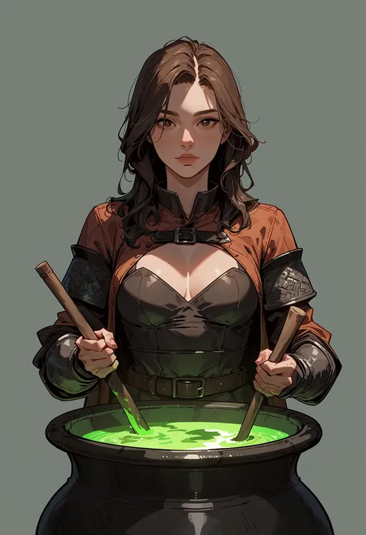masterpiece, best quality, score_7, safe, cauldron, 1girl, solo, upper body, simple background — by k3scat, made with ComfyUI