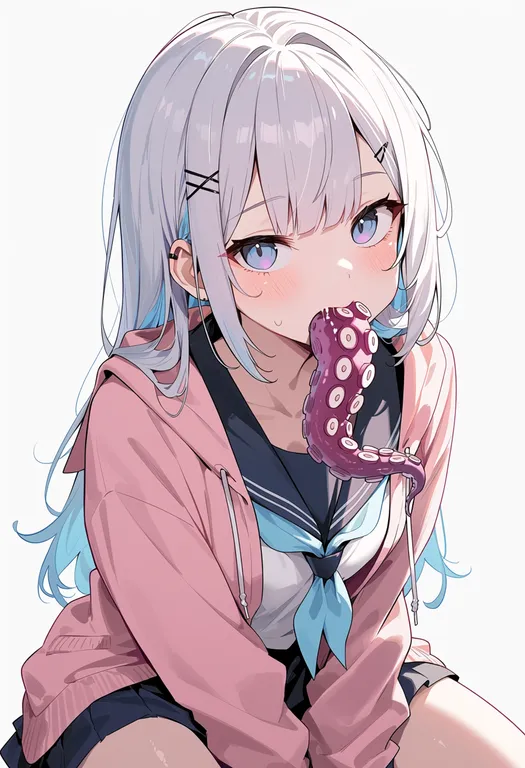 masterpiece, best quality, score_7, safe, tentacle in mouth, 1girl, solo, simple background — by k3scat, made with ComfyUI