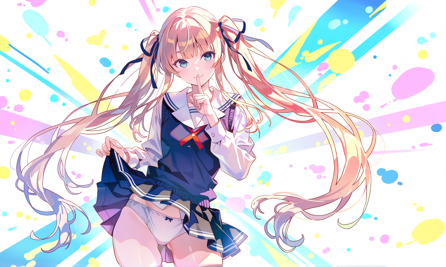 and delicate collarbone., black ribbon, black thighhighs, blonde hair ...