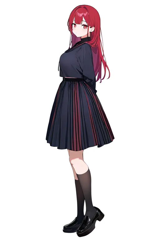 masterpiece, best quality, newest, absurdres, highres, safe, striped_skirt, 1girl, solo, simple_background — by k3scat, made with ComfyUI