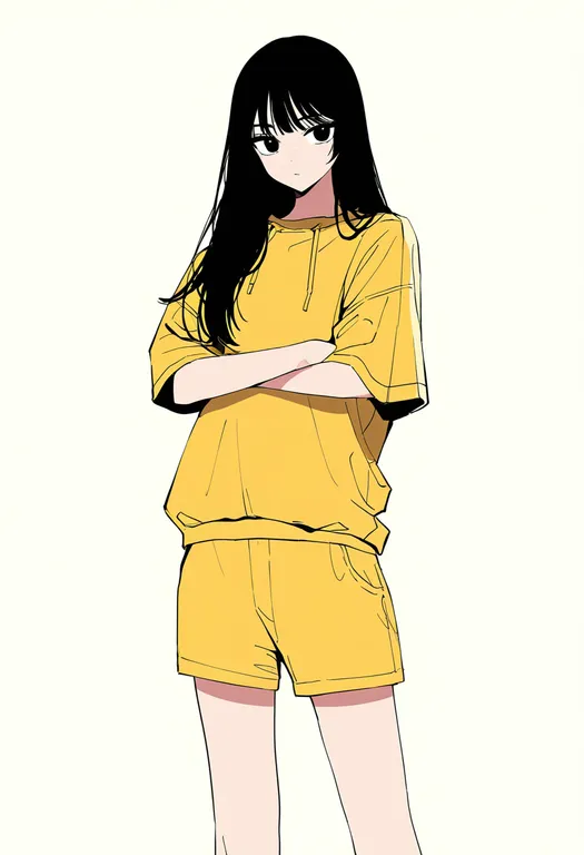 masterpiece, best quality, newest, absurdres, highres, safe, yellow_shorts, 1girl, solo, simple_background — by k3scat, made with ComfyUI