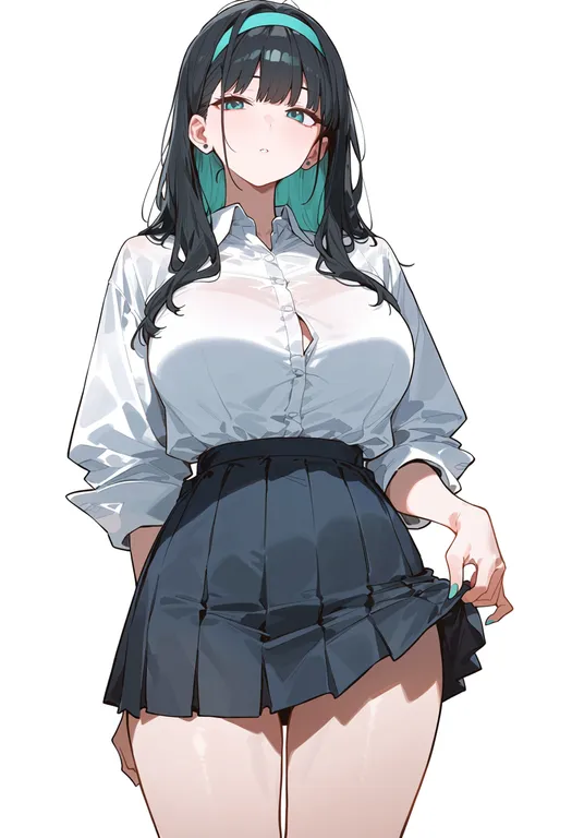 masterpiece, best quality, score_7, safe, aqua hairband, 1girl, solo, simple background — by k3scat, made with ComfyUI