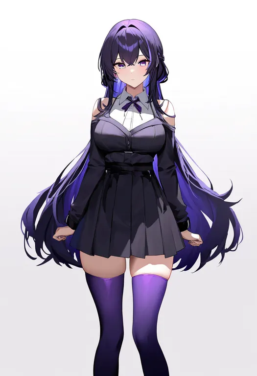 masterpiece, best quality, newest, absurdres, highres, safe, purple_thighhighs, 1girl, solo, simple_background — by k3scat, made with ComfyUI