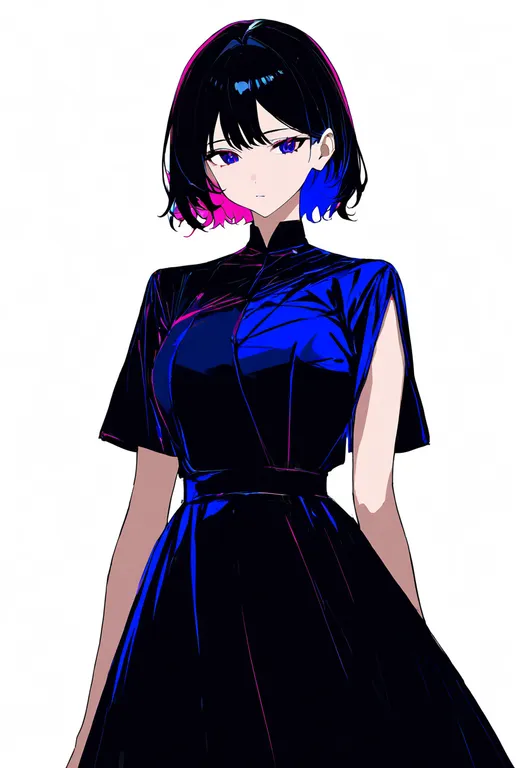 masterpiece, best quality, newest, absurdres, highres, safe, multicolored_dress, 1girl, solo, simple_background — by k3scat, made with ComfyUI