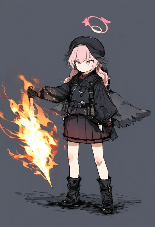masterpiece, best quality, general, flaming weapon, 1girl, solo, simple background — by k3scat, made with ComfyUI