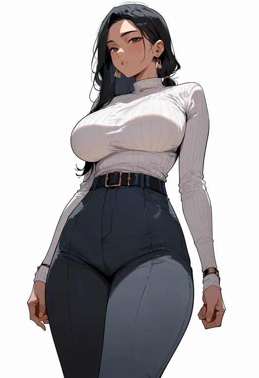 masterpiece, best quality, score_7, safe, high-waist belt, 1girl, solo, simple background — by k3scat, made with ComfyUI