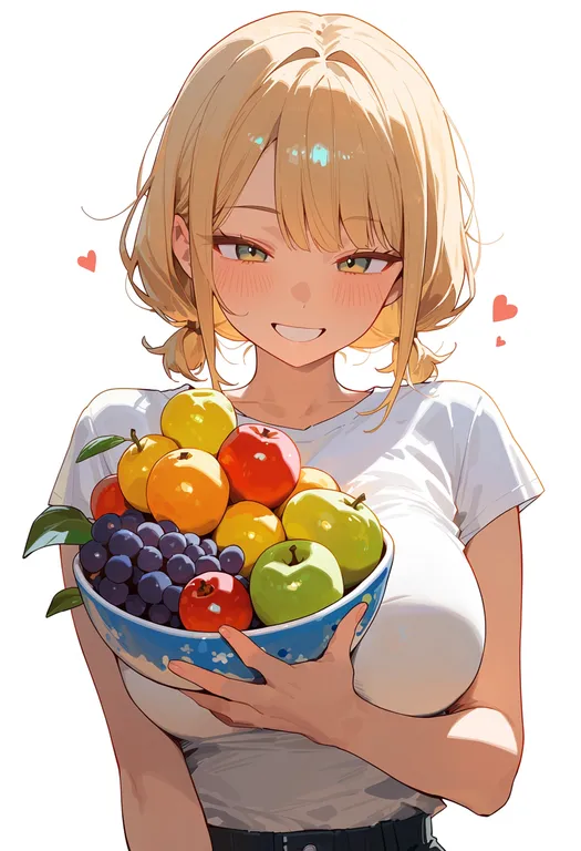masterpiece, best quality, score_7, safe, fruit bowl, 1girl, solo, upper body, simple background — by k3scat, made with ComfyUI