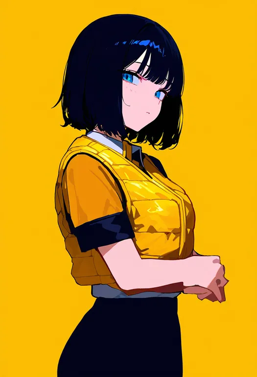 masterpiece, best quality, newest, absurdres, highres, safe, yellow_vest, 1girl, solo, simple_background — by k3scat, made with ComfyUI