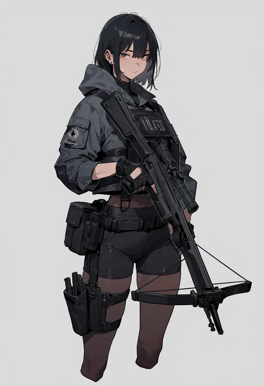 masterpiece, best quality, score_7, safe, crossbow, 1girl, solo, simple background — by k3scat, made with ComfyUI