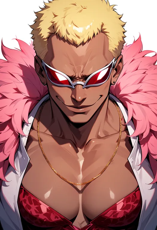 masterpiece, best quality, score_7, safe, donquixote doflamingo, solo, upper body, simple background — by k3scat, made with ComfyUI