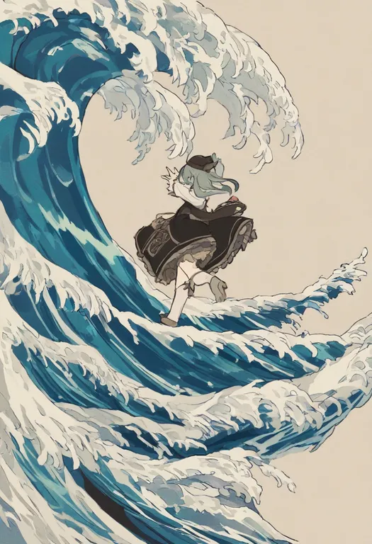 masterpiece, best quality, general, waves, 1girl, solo, simple background — by k3scat, made with ComfyUI