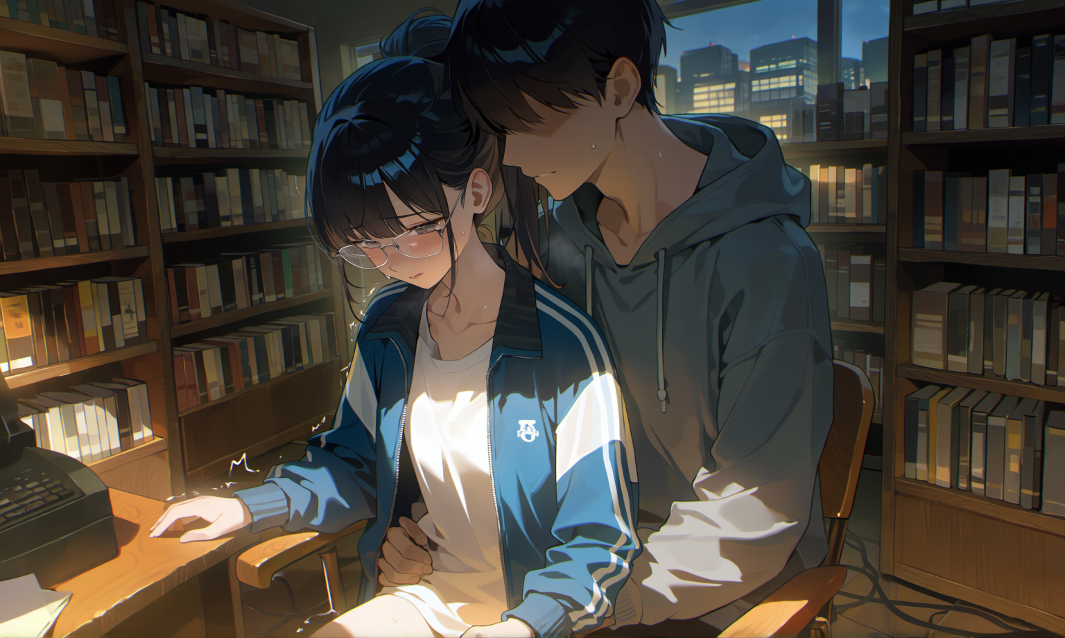 alluring atmosphere, anime illustration, arm around waist, back touch ...