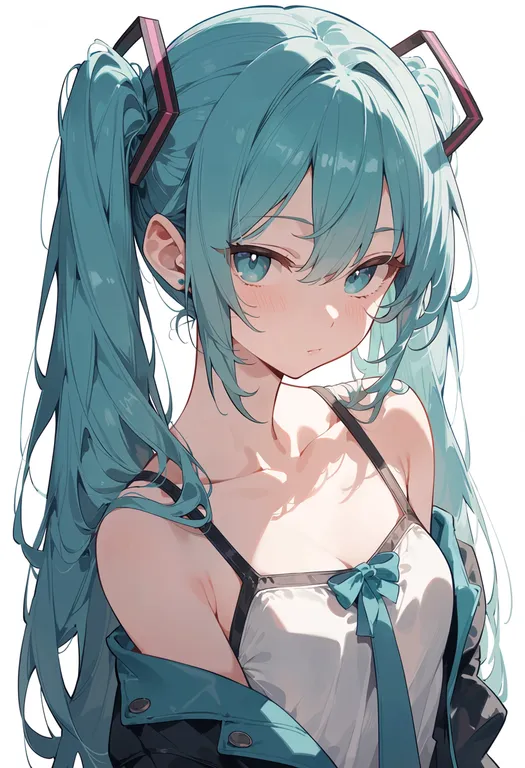 masterpiece, best quality, score_7, safe, hachune miku, solo, upper body, simple background — by k3scat, made with ComfyUI