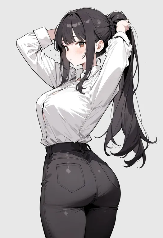 masterpiece, best quality, score_7, safe, ponytail with braided base, 1girl, solo, simple background — by k3scat, made with ComfyUI