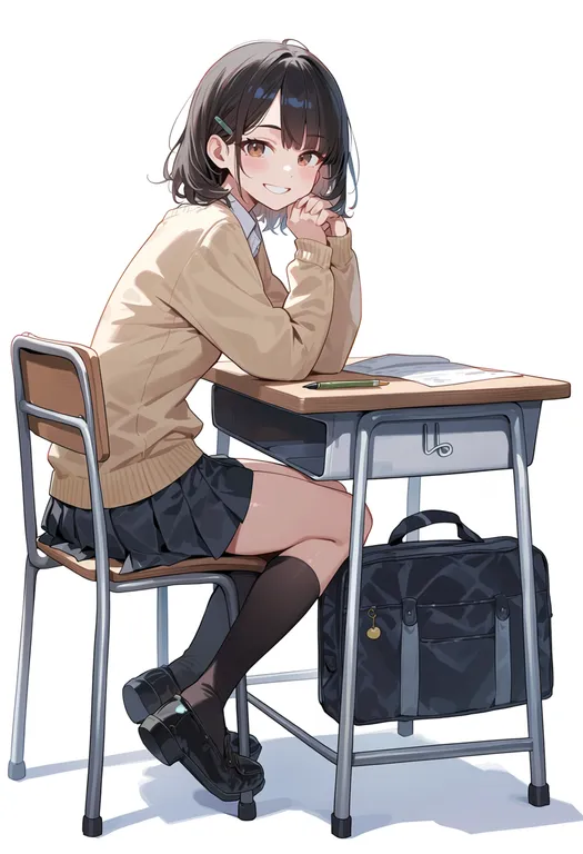 masterpiece, best quality, score_7, safe, desk, 1girl, solo, simple background — by k3scat, made with ComfyUI