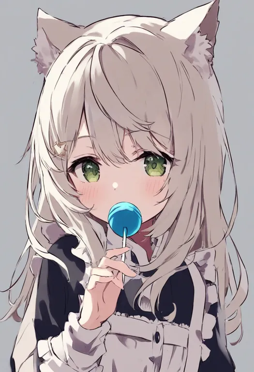 masterpiece, best quality, general, holding lollipop, 1girl, solo, simple background — by k3scat, made with ComfyUI