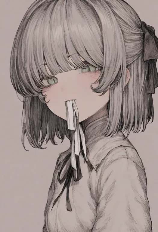 masterpiece, best quality, general, ribbon in mouth, 1girl, solo, simple background — by k3scat, made with ComfyUI