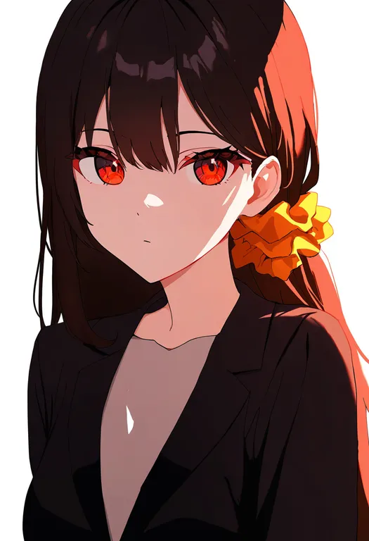 masterpiece, best quality, newest, absurdres, highres, safe, orange_scrunchie, 1girl, solo, simple_background — by k3scat, made with ComfyUI