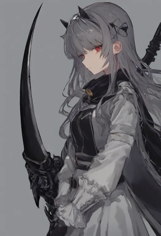 masterpiece, best quality, general, holding scythe, 1girl, solo, simple background — by k3scat, made with ComfyUI
