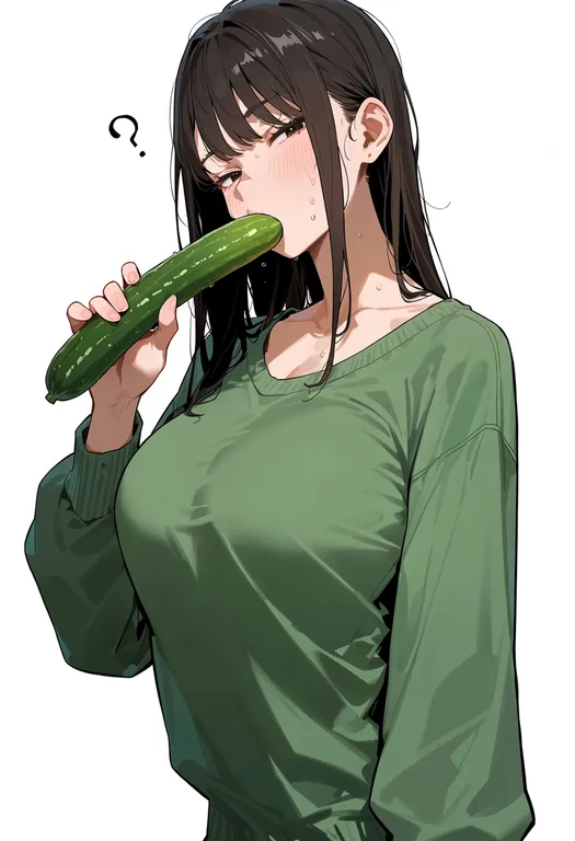 masterpiece, best quality, score_7, safe, cucumber, 1girl, solo, upper body, simple background — by k3scat, made with ComfyUI