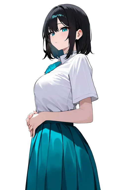 masterpiece, best quality, newest, absurdres, highres, safe, aqua_skirt, 1girl, solo, simple_background — by k3scat, made with ComfyUI