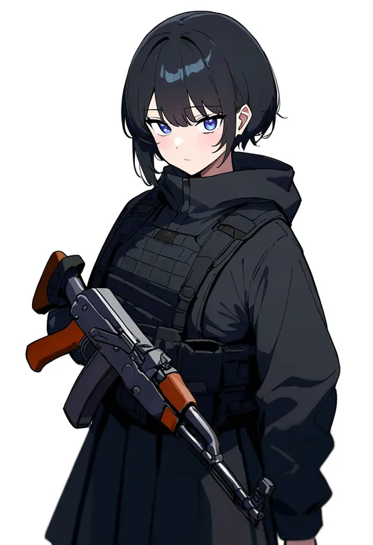 masterpiece, best quality, newest, absurdres, highres, safe, kalashnikov_rifle, 1girl, solo, simple_background — by k3scat, made with ComfyUI