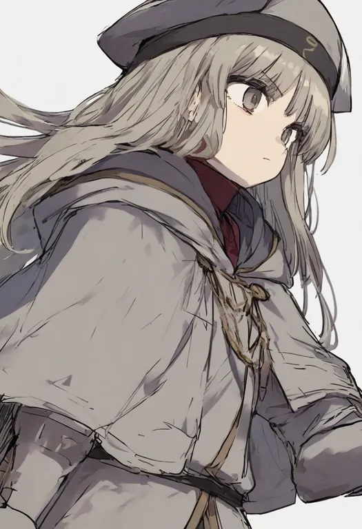 masterpiece, best quality, general, grey capelet, 1girl, solo, simple background — by k3scat, made with ComfyUI