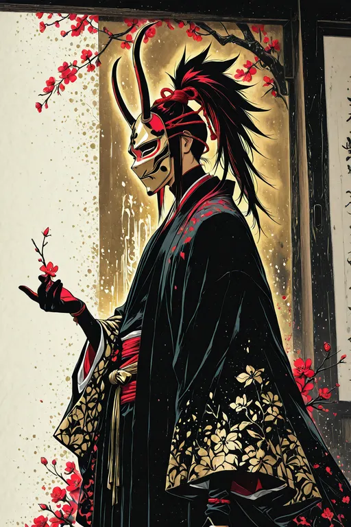 1man, samurai, wearing menpo mask, three-quarter view, (black and red and gold color palette:1.4), ink wash painting sty…