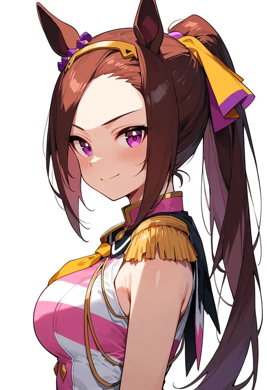 masterpiece, best quality, score_7, safe, sakura bakushin o (umamusume), umamusume, solo, upper body, simple background — by k3scat, made with ComfyUI