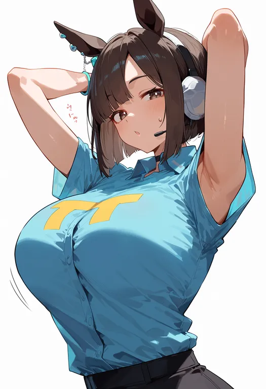 masterpiece, best quality, score_7, safe, t-head trainer (umamusume), umamusume, solo, upper body, simple background — by k3scat, made with ComfyUI