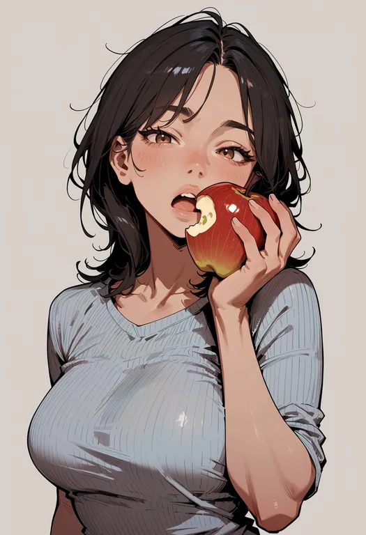 masterpiece, best quality, score_7, safe, bitten apple, 1girl, solo, upper body, simple background — by k3scat, made with ComfyUI