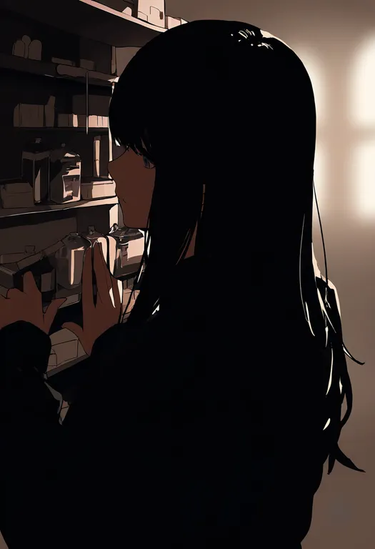 masterpiece, best quality, newest, absurdres, highres, safe, shelf, 1girl, solo, simple_background — by k3scat, made with ComfyUI