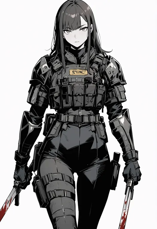 masterpiece, best quality, score_7, safe, blood on weapon, 1girl, solo, simple background — by k3scat, made with ComfyUI