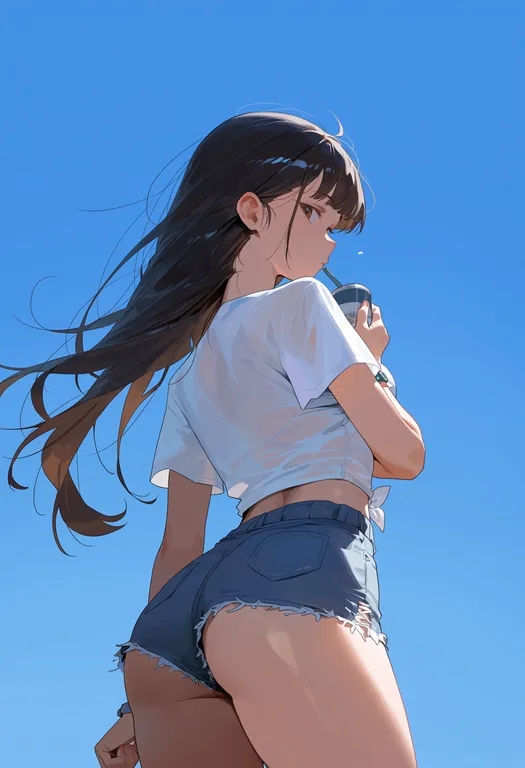 masterpiece, best quality, score_7, safe, clear sky, 1girl, solo, simple background — by k3scat, made with ComfyUI