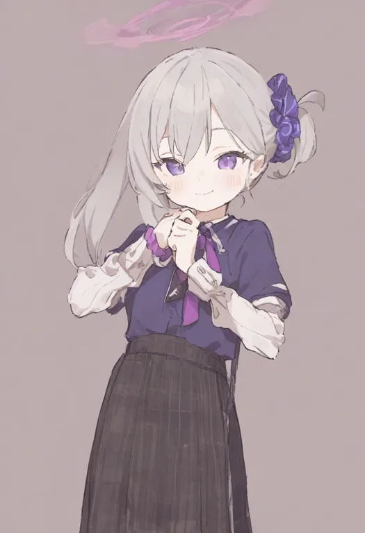masterpiece, best quality, general, purple scrunchie, 1girl, solo, simple background — by k3scat, made with ComfyUI