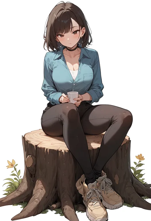 masterpiece, best quality, score_7, safe, tree stump, 1girl, solo, simple background — by k3scat, made with ComfyUI