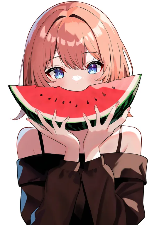 masterpiece, best quality, newest, absurdres, highres, safe, watermelon_slice, 1girl, solo, simple_background — by k3scat, made with ComfyUI