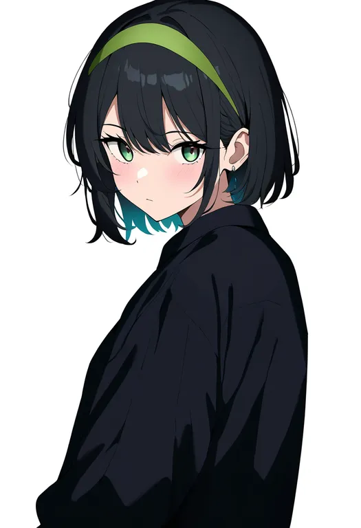 masterpiece, best quality, newest, absurdres, highres, safe, green_hairband, 1girl, solo, simple_background — by k3scat, made with ComfyUI