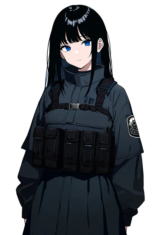 masterpiece, best quality, newest, absurdres, highres, safe, flak_jacket, 1girl, solo, simple_background — by k3scat, made with ComfyUI