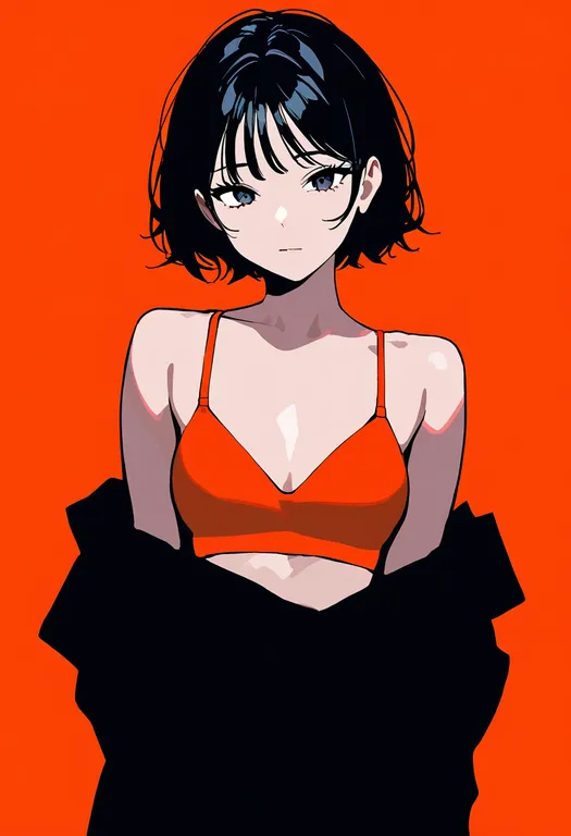 masterpiece, best quality, newest, absurdres, highres, safe, orange_bra, 1girl, solo, simple_background — by k3scat, made with ComfyUI
