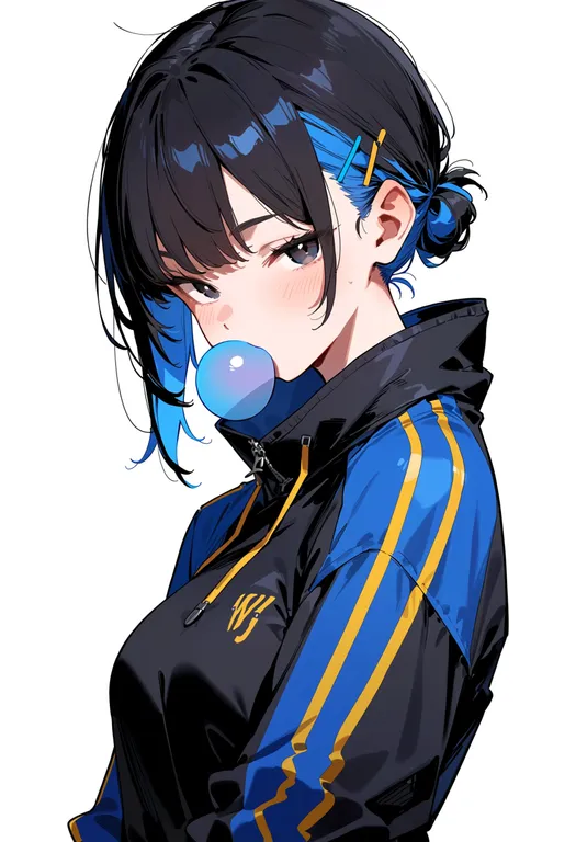 masterpiece, best quality, score_7, safe, chewing gum, 1girl, solo, upper body, simple background — by k3scat, made with ComfyUI