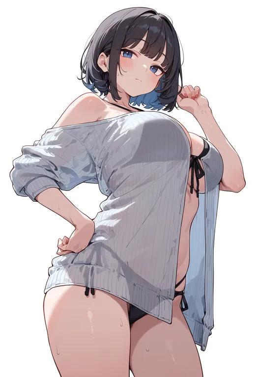 masterpiece, best quality, score_7, safe, swimsuit cover-up, 1girl, solo, simple background — by k3scat, made with ComfyUI