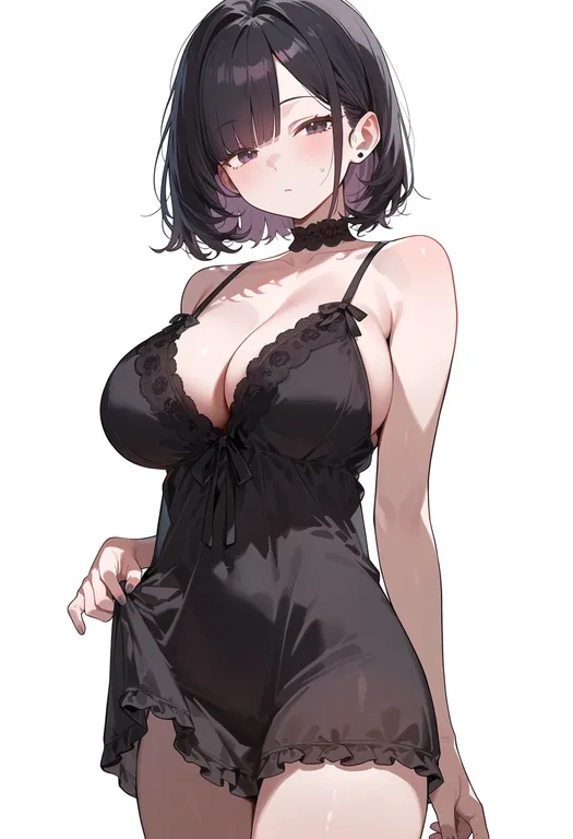 masterpiece, best quality, score_7, safe, black babydoll, 1girl, solo, simple background — by k3scat, made with ComfyUI