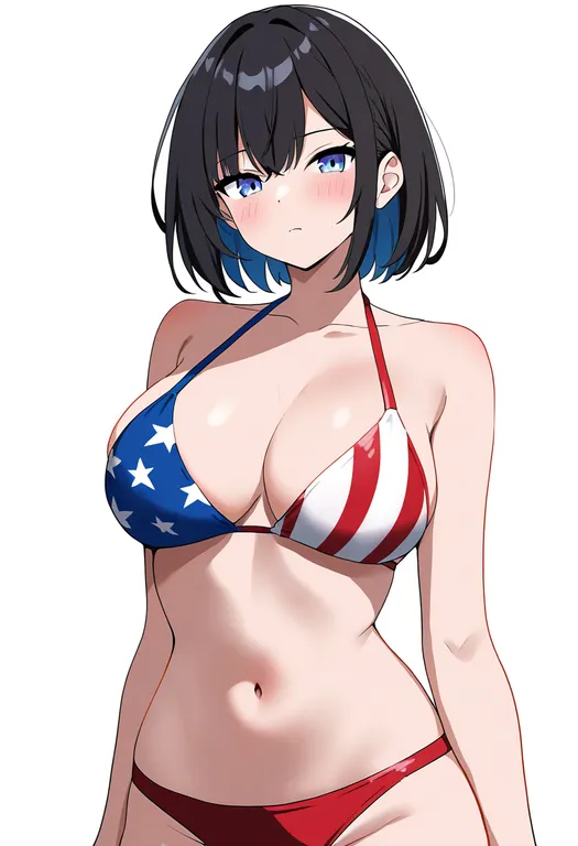 masterpiece, best quality, newest, absurdres, highres, safe, flag_print_bikini, 1girl, solo, simple_background — by k3scat, made with ComfyUI