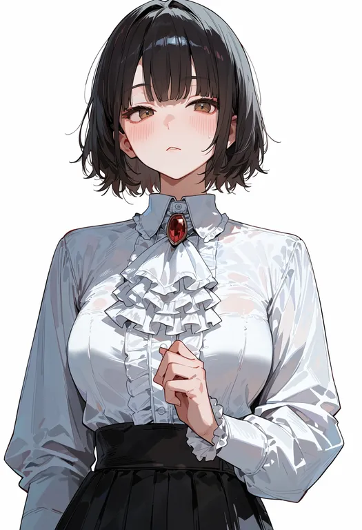masterpiece, best quality, score_7, safe, frilled ascot, 1girl, solo, simple background — by k3scat, made with ComfyUI