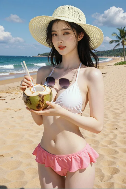 一位东方美女，身材纤细玲珑，面容精致清秀，皮肤白皙透亮，黑色长发微卷披散在肩后，额前几缕碎发随风轻拂，眉形细弯，杏眼明亮有神，鼻梁高挺，嘴唇涂着淡粉色唇彩，表情自然微笑，眼神愉悦。 采用中景竖构图，镜头平视略低，将人物置于画面中央偏下，背景…