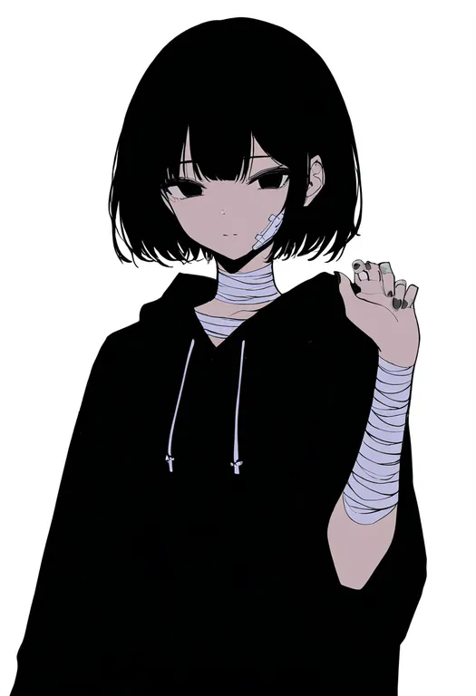 masterpiece, best quality, newest, absurdres, highres, safe, bandaged_arm, 1girl, solo, simple_background — by k3scat, made with ComfyUI