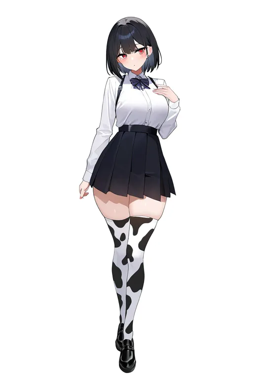 masterpiece, best quality, newest, absurdres, highres, safe, cow_print_thighhighs, 1girl, solo, simple_background — by k3scat, made with ComfyUI
